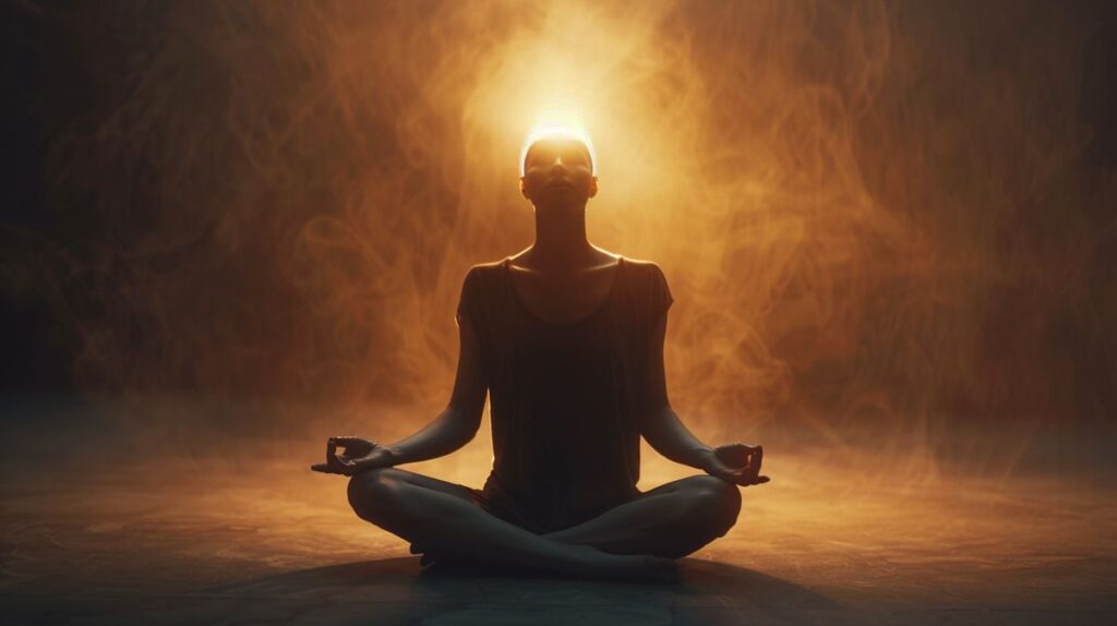 Frau meditiert friedlich im Sonnenuntergang, zeigt Symptome des Öffnens des dritten Auges, spirituelle Erweckung erlebend