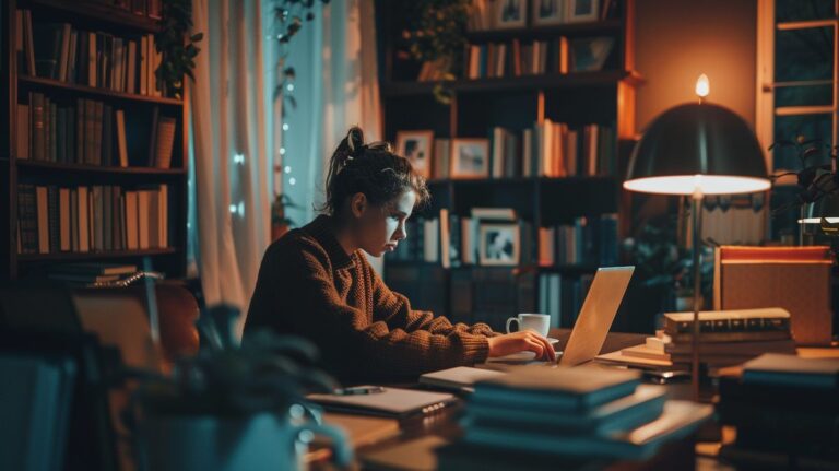 Junge Erwachsene, die entscheiden, ob sie die Nacht durchmachen oder 2 Stunden schlafen, während sie am Schreibtisch mit Büchern und Laptop arbeiten