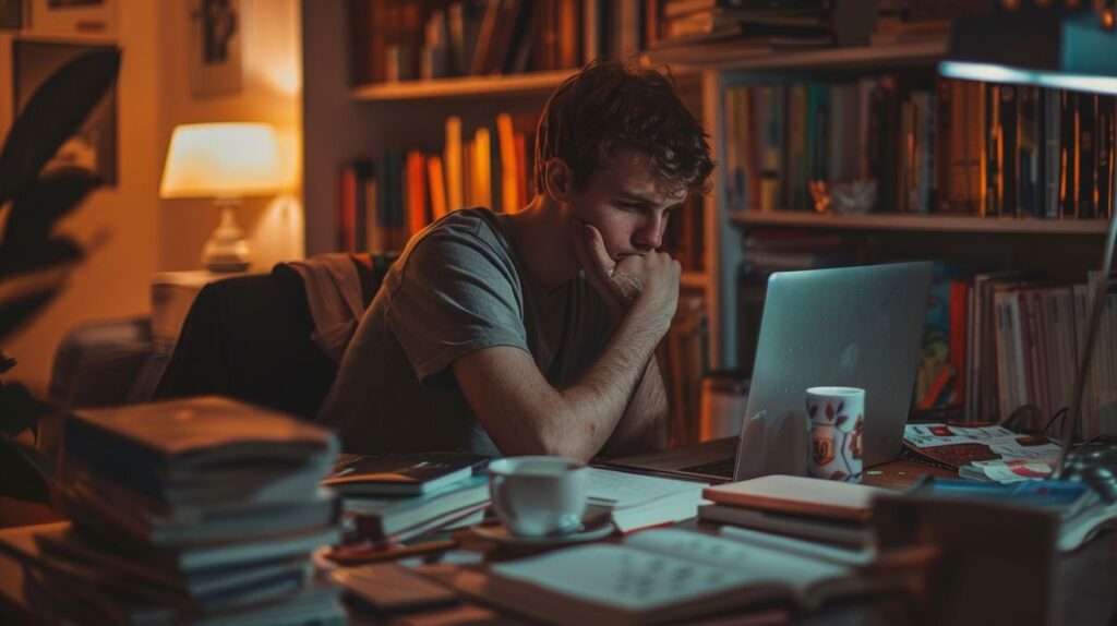 Junge Erwachsene entscheiden zwischen Nacht durchmachen oder 2 Stunden schlafen, während sie am Schreibtisch mit Büchern und Laptop studieren