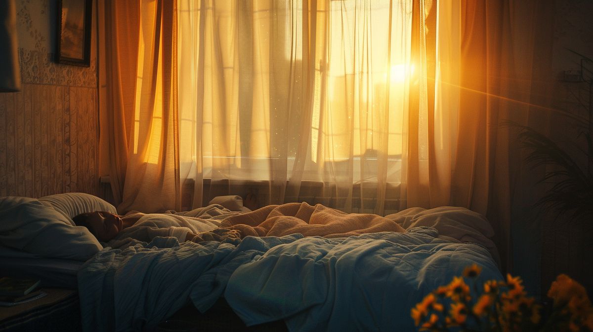 Mann schläft friedlich in einem sonnigen Schlafzimmer, Konzeptbild zur Frage: Ist Ausschlafen gesund?