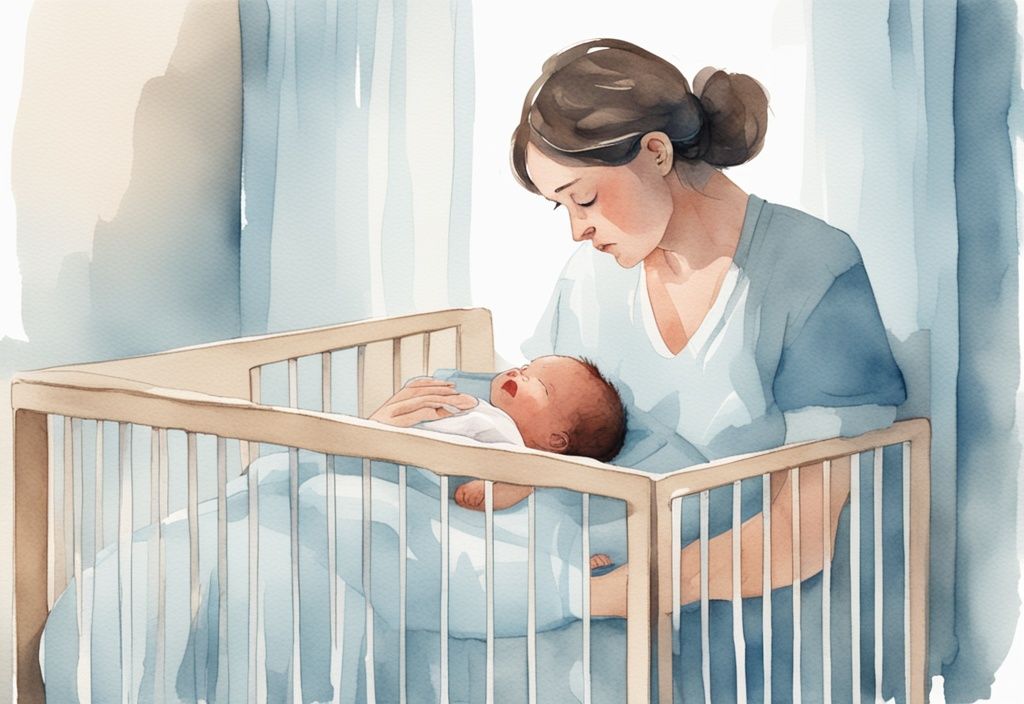 Moderne Aquarellillustration eines besorgten Elternteils, der ein weinendes Baby im Kinderbett beruhigt, Schlafenszeit, Hauptfarbe Hellblau