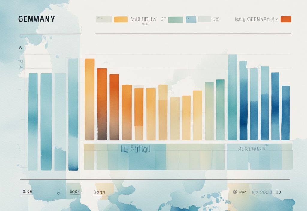 Moderne Aquarellillustration in Hellblau mit Balkendiagramm, das die Produktivitätsraten von Deutschland im Vergleich zu anderen führenden Volkswirtschaften weltweit zeigt.