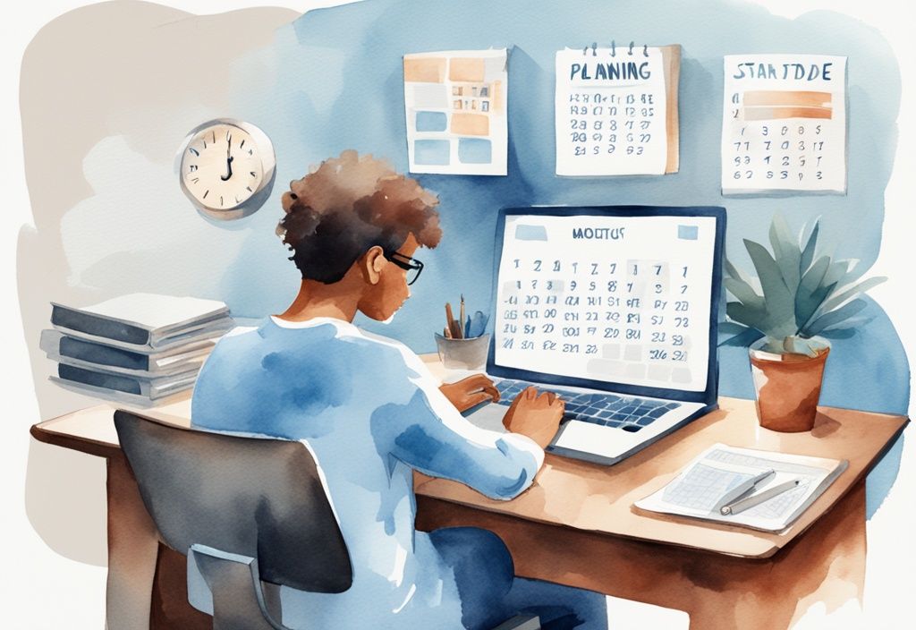 Moderne Aquarellillustration einer Person an einem sauberen, organisierten Schreibtisch, die effizient an einem Laptop arbeitet, umgeben von einer Uhr, einem Kalender und einer Checkliste, die Zeitmanagement, Planung und Aufgabenabschluss symbolisieren. was ist Produktivität