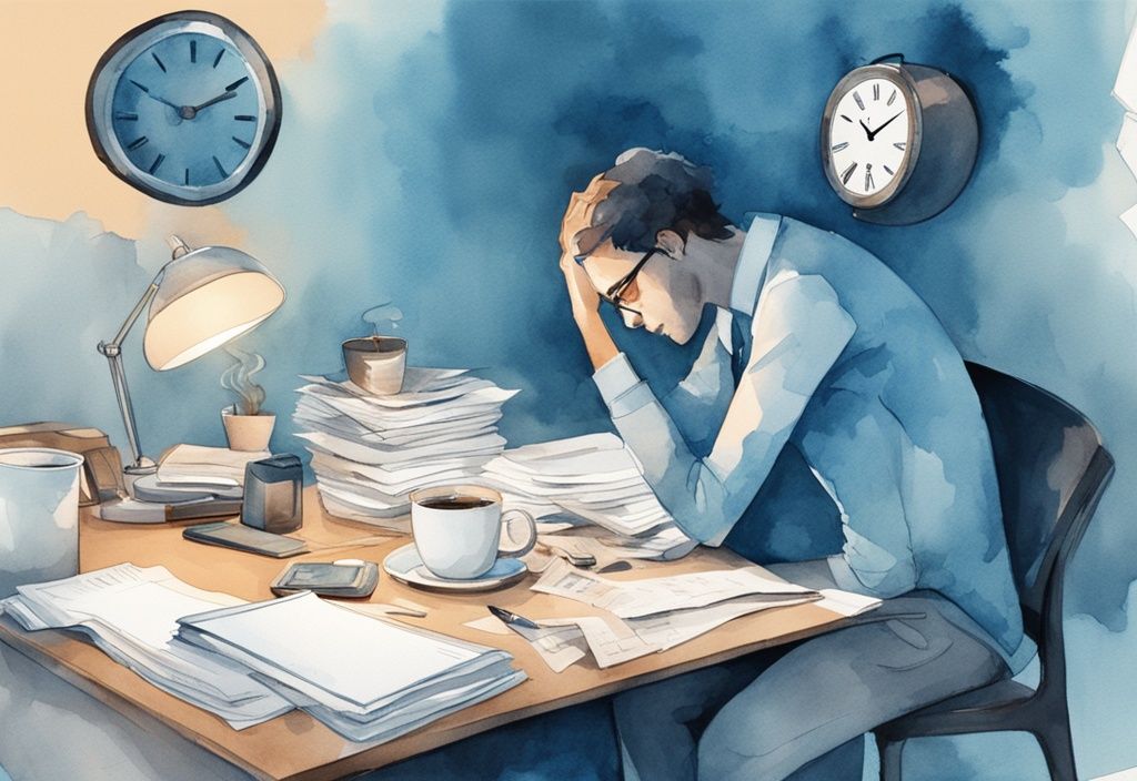 Moderne Aquarellillustration einer Person, die über einem Schreibtisch voller Papiere und Kaffeetassen gebeugt ist, mit einer Uhr, die späte Stunden zeigt, und das Konzept von Überarbeitung und Burnout darstellt.