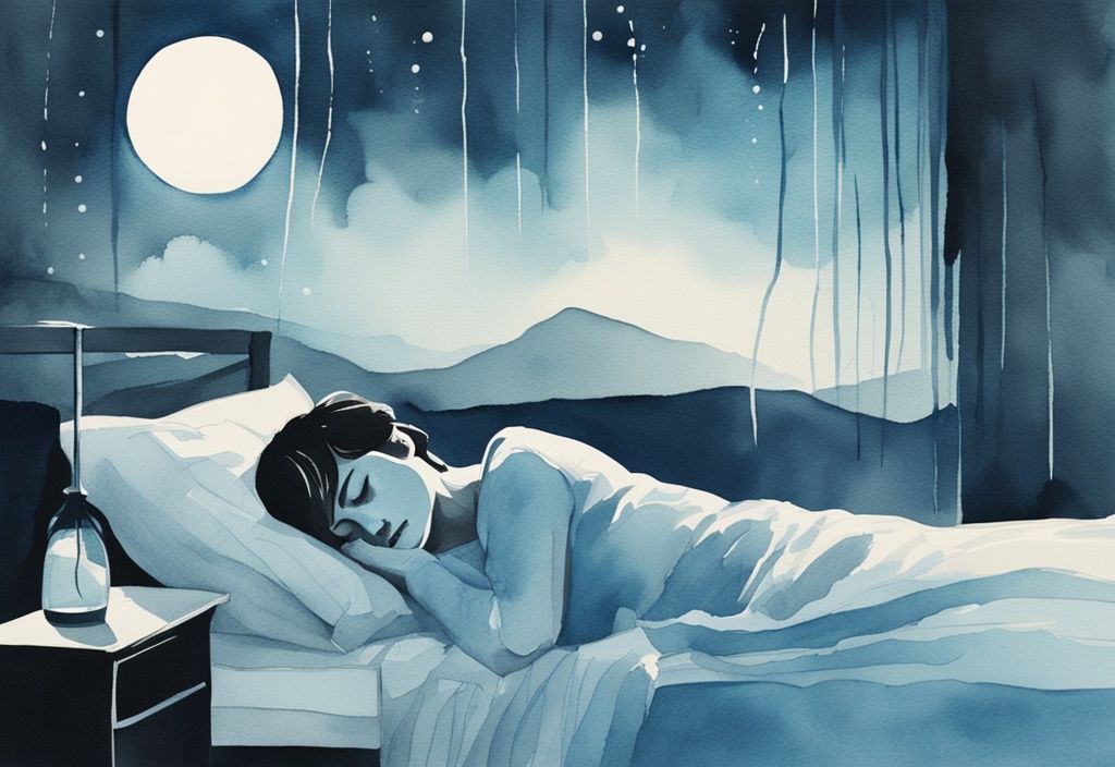 Moderne Aquarell-Illustration in hellblau, zeigt eine Silhouette einer Person im Bett mit Tränenspuren im Gesicht, beleuchtet vom Mondlicht, warum weint man im Schlaf