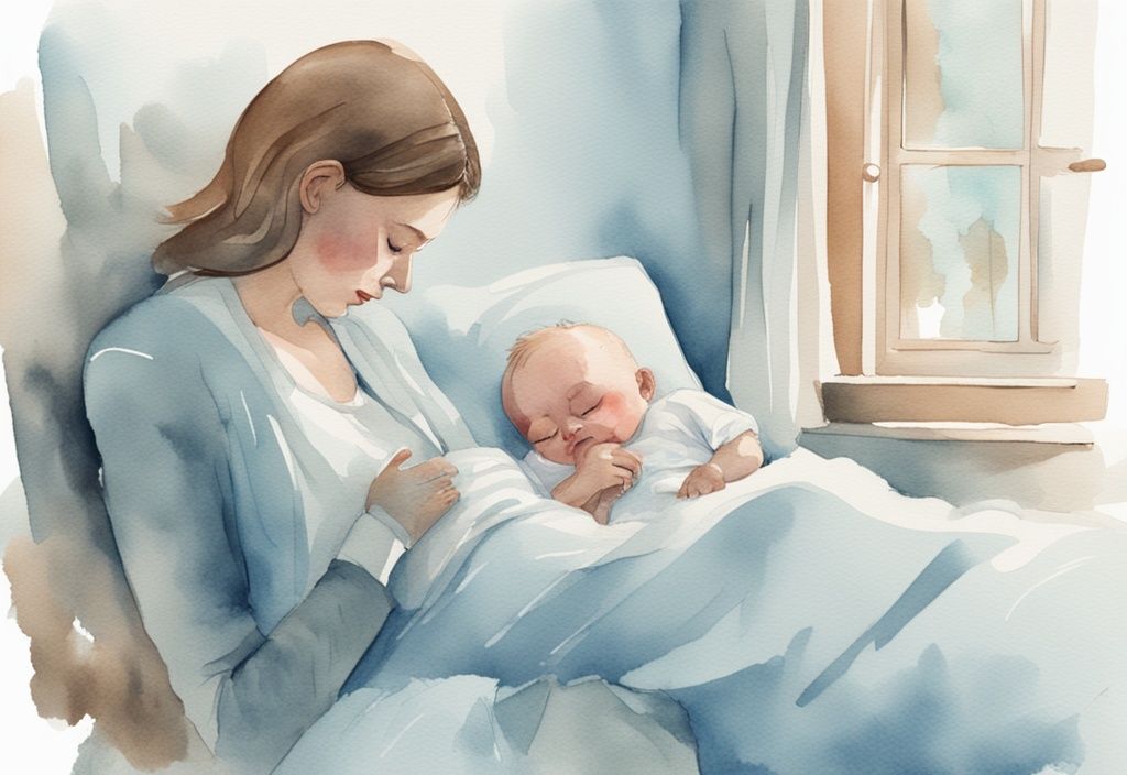 Moderne Aquarellillustration in hellblau: Besorgter Elternteil überprüft sein friedlich schlafendes Baby, das leise weint. warum weint mein Baby im Schlaf