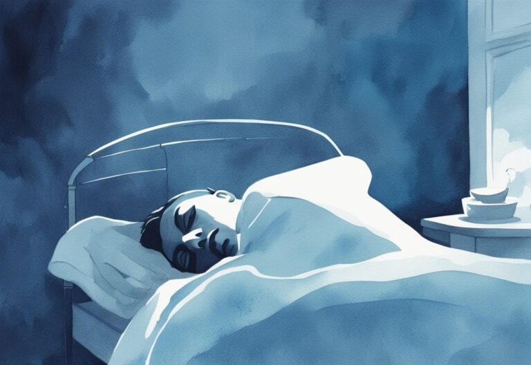 Moderne Aquarell-Illustration in hellblau mit einer Silhouette einer Person im Bett, Tränen auf dem Gesicht, beleuchtet vom Mondlicht – warum weint man im Schlaf