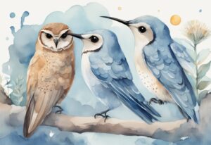 Moderne Aquarellillustration in Hellblau mit drei Personen, die verschiedene Chronotypen darstellen: Morgenmensch, Nachtmensch und Kolibri, bei Aktivitäten zu ihren Energiehöchstzeiten. Perfekt für die Frage: "Welcher Chronotyp bin ich?