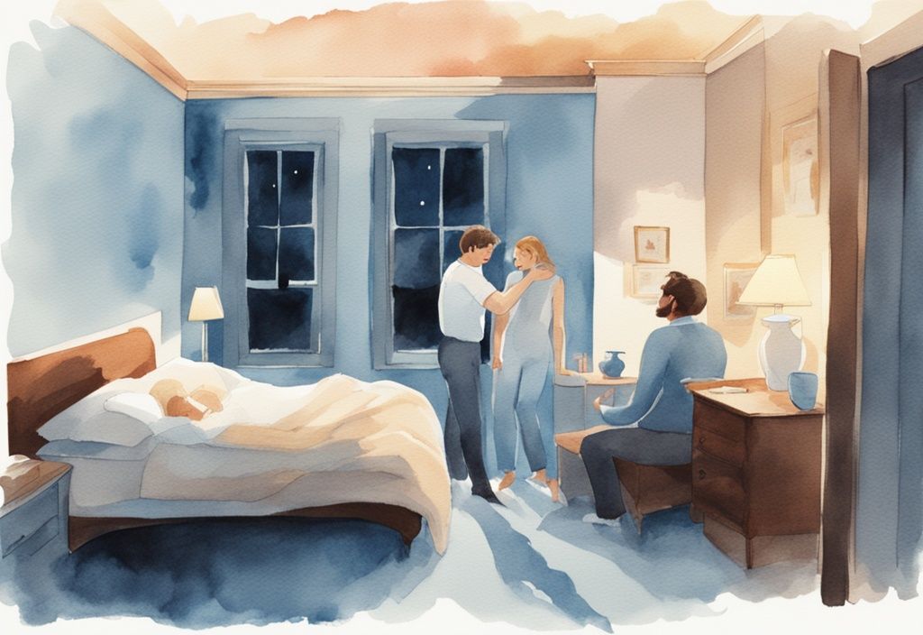 Moderne Aquarellillustration eines Paares im Schlafzimmer, Frau schläft friedlich, Mann wälzt sich unruhig, Hauptfarbe Hellblau