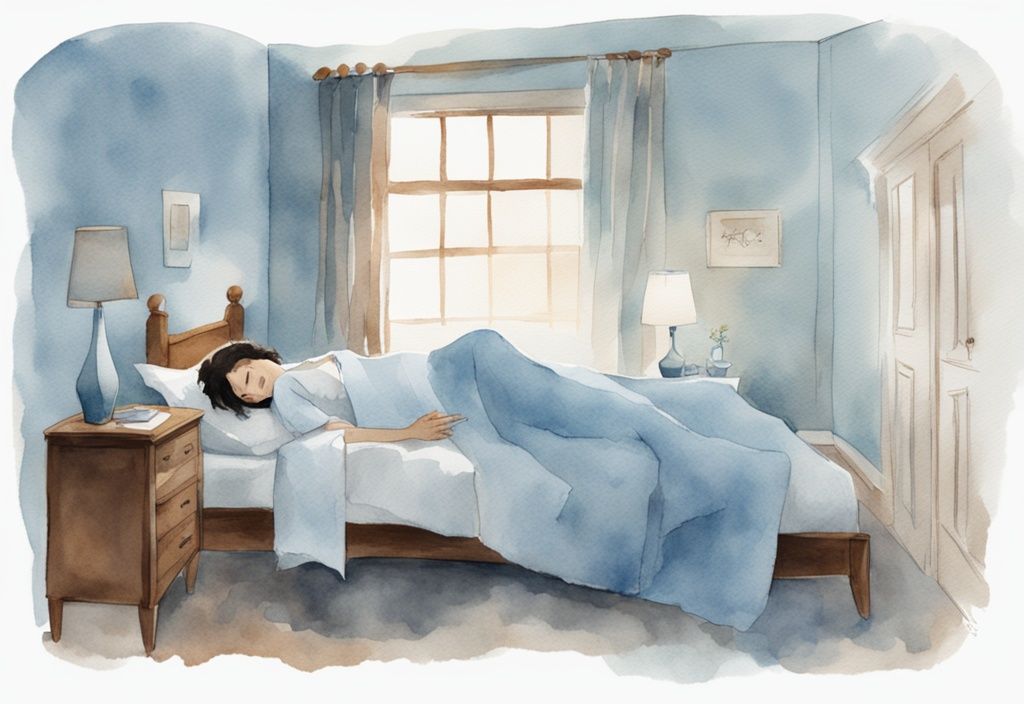 Moderne Aquarellillustration einer Person im Bett mit weit geöffneten Augen und aufgerichteten Haaren, als ob sie abrupt aus tiefem Schlaf erwacht ist, Hauptfarbthema hellblau.