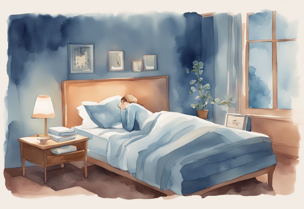 Moderne Aquarellillustration einer Frau, die friedlich in einem gemütlichen, schwach beleuchteten Raum schläft, mit digitaler Uhr, die frühe Morgenstunden zeigt, und Buch "The Science of Sleep" auf dem Nachttisch; warum brauchen Frauen mehr Schlaf.