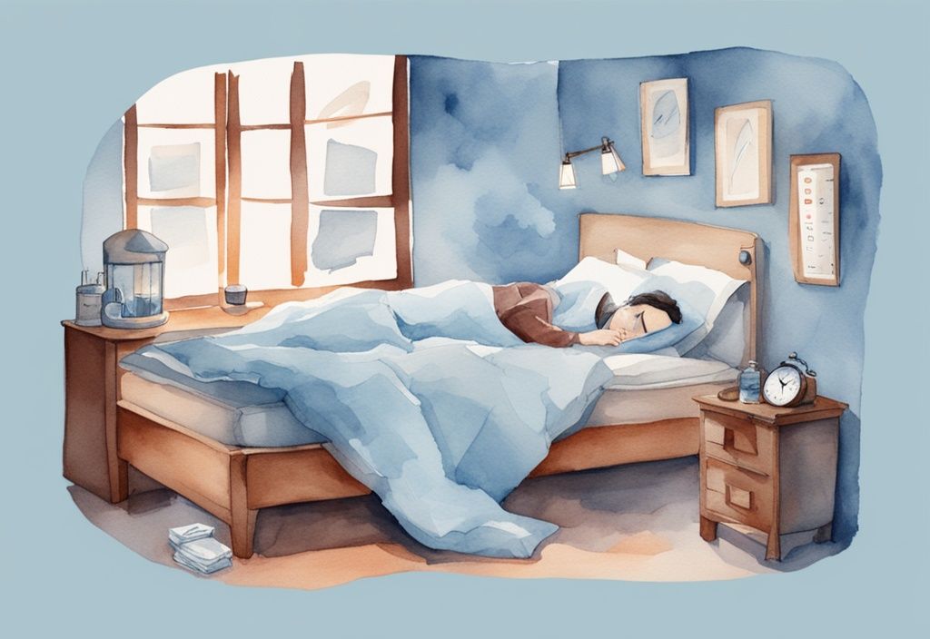 Aquarell-Illustration: Person schläft friedlich im Bett, umgeben von Taschentüchern, Thermometer, Wasserglas und Uhr, die 8 Stunden zeigt – wie viel Schlaf bei Erkältung.