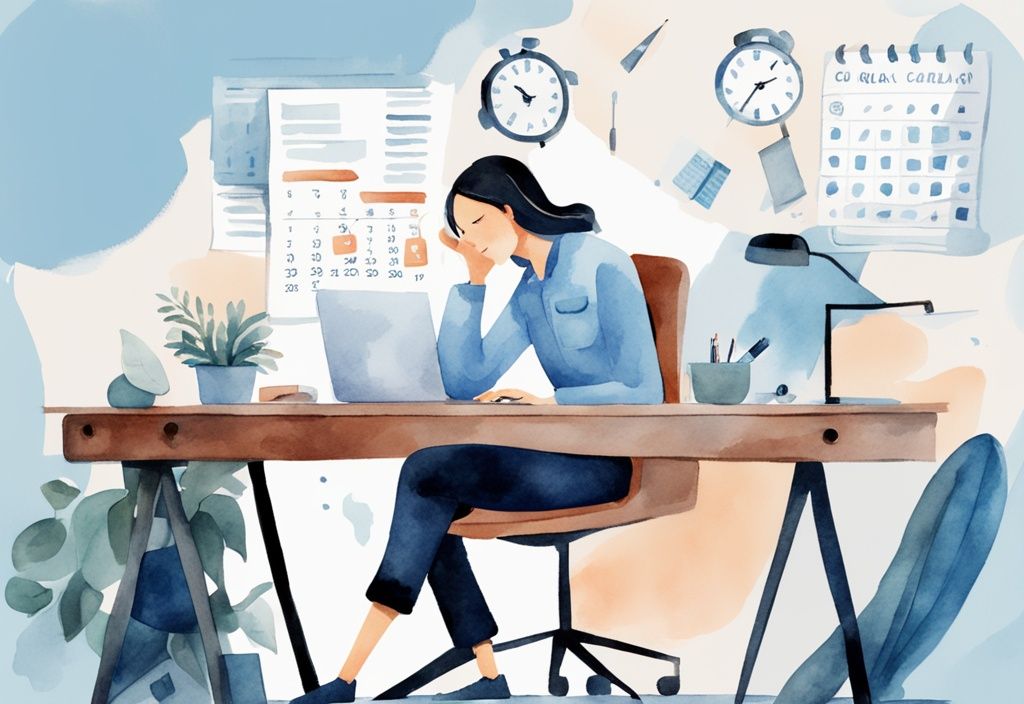 Moderne Aquarellillustration einer Person, die effizient an einem Laptop an einem sauberen, organisierten Schreibtisch arbeitet, umgeben von Uhr, Kalender und Checkliste, die Zeitmanagement, Planung und Aufgabenabschluss symbolisieren. Erfahre hier, was ist Produktivität.