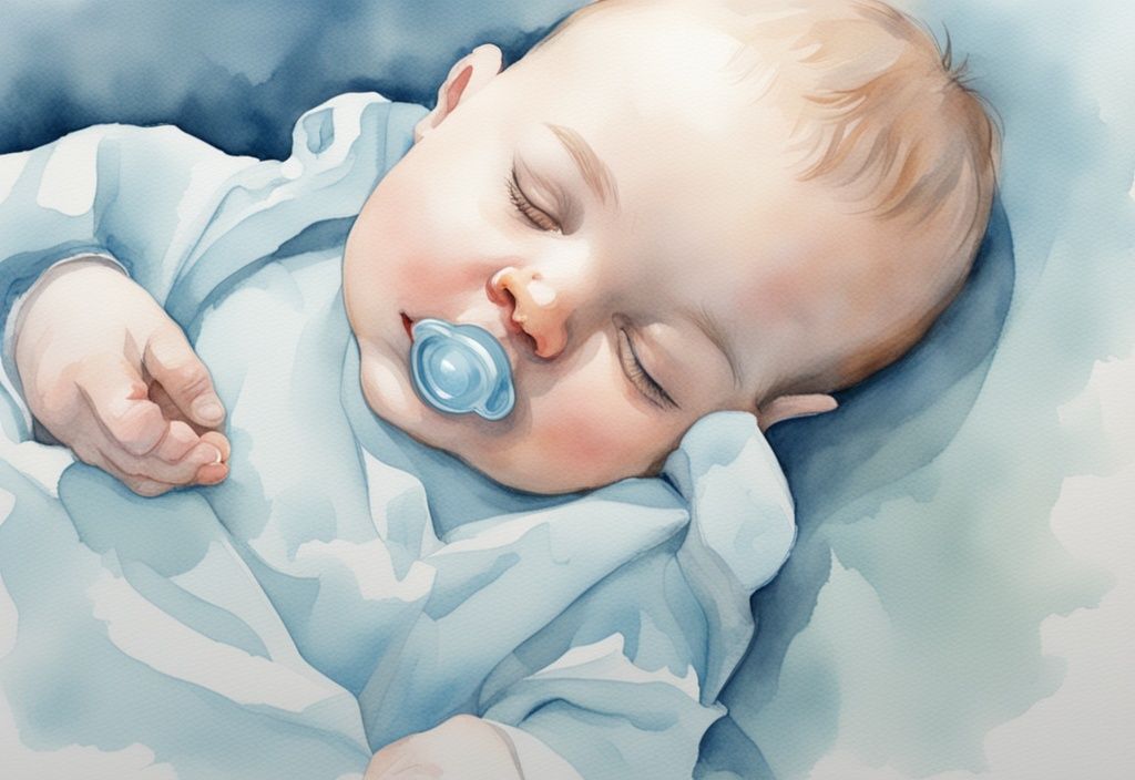 Moderne Aquarellillustration eines schlafenden Babys mit Schnuller im Mund, das sanft die Saugbewegung nachahmt – warum nuckeln Babys im Schlaf?