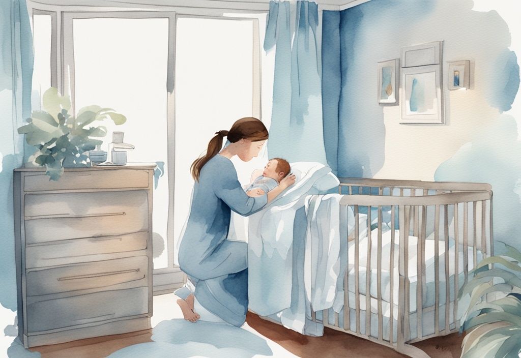 Moderne Aquarell-Illustration in hellblau: Besorgter Elternteil überprüft schlafendes Baby, das leise weint - warum weint mein Baby im Schlaf.