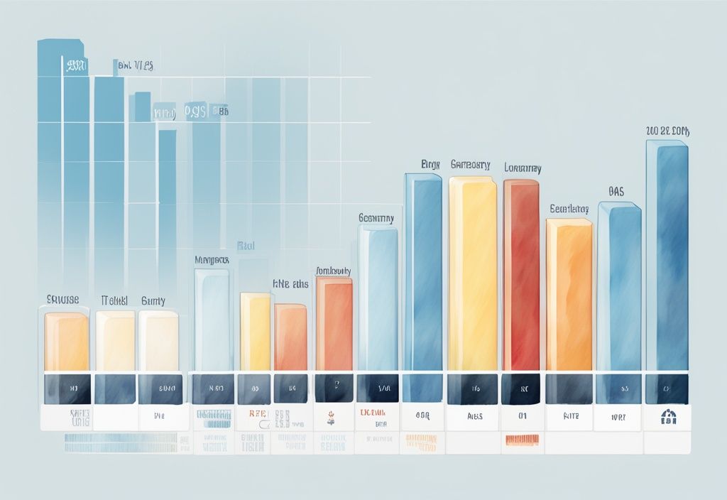 Moderne Aquarell-Illustration eines Balkendiagramms, das die Produktivitätsniveaus von Deutschland im internationalen Vergleich zeigt, Hauptfarbe Hellblau. Produktivität Deutschland internationaler Vergleich.