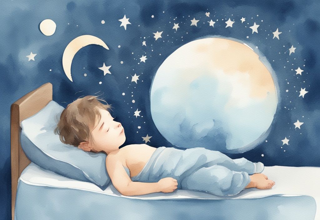 Moderne Aquarell-Illustration eines friedlich schlafenden 3-jährigen Kindes mit Mond, Sternen und digitaler Uhr im Hintergrund, die 14 Stunden anzeigt, wie viel Schlaf braucht ein 3 jähriges Kind.