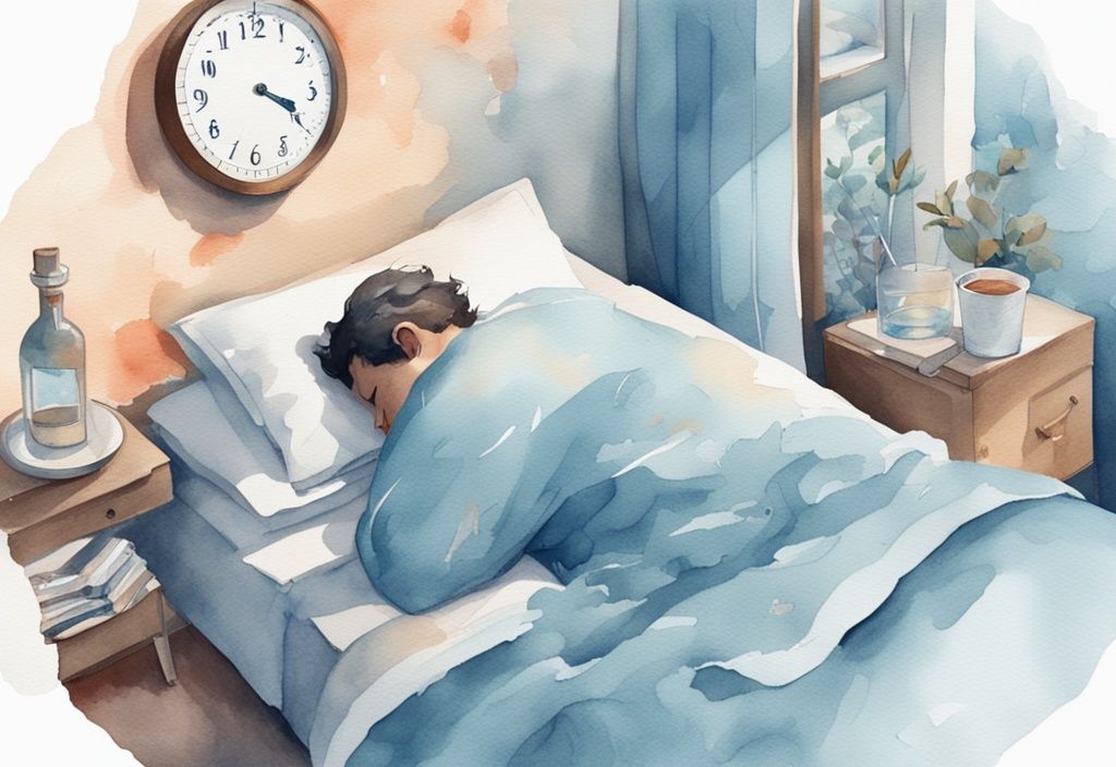 Moderne Aquarellillustration, Person schläft friedlich im gemütlichen Bett, umgeben von Taschentüchern, Thermometer, Wasserglas und Uhr, die 8 Stunden zeigt, Keyword: wie viel Schlaf bei Erkältung.