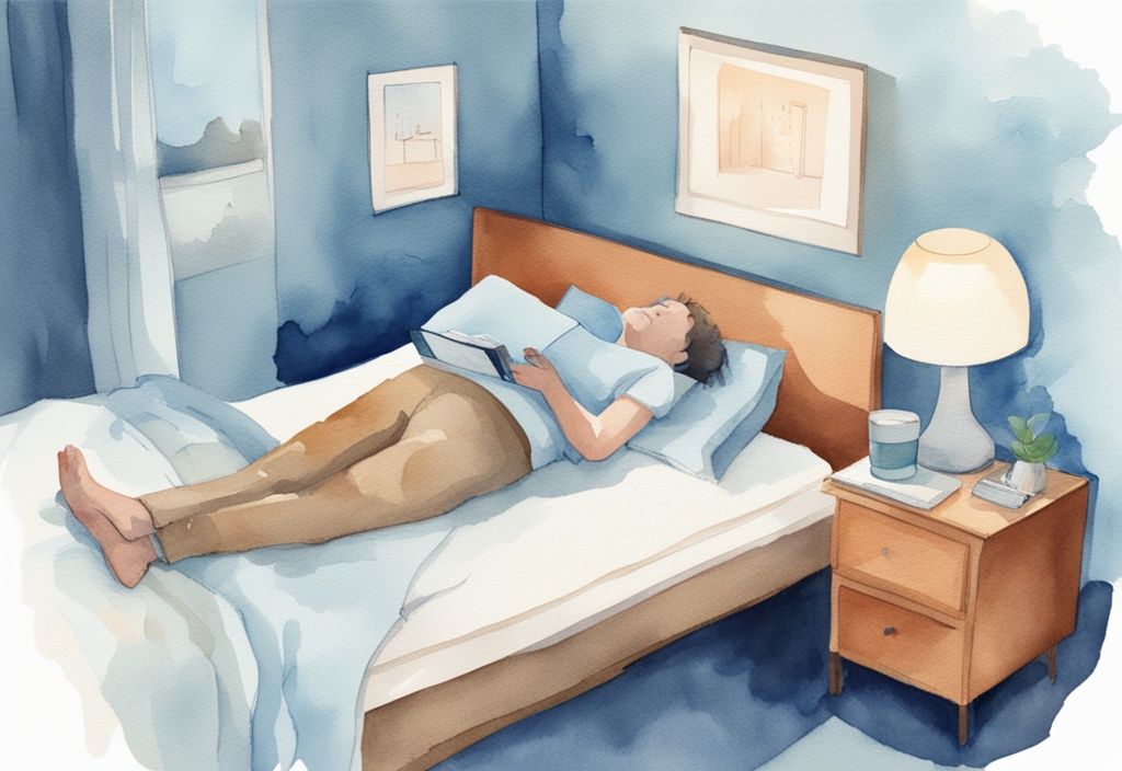 Moderne Aquarellillustration in Hellblau: Person schläft friedlich, digitaler Rekorder und Notizbuch auf dem Nachttisch zur Aufzeichnung von Schlafgesprächen – was kann man gegen Reden im Schlaf machen?