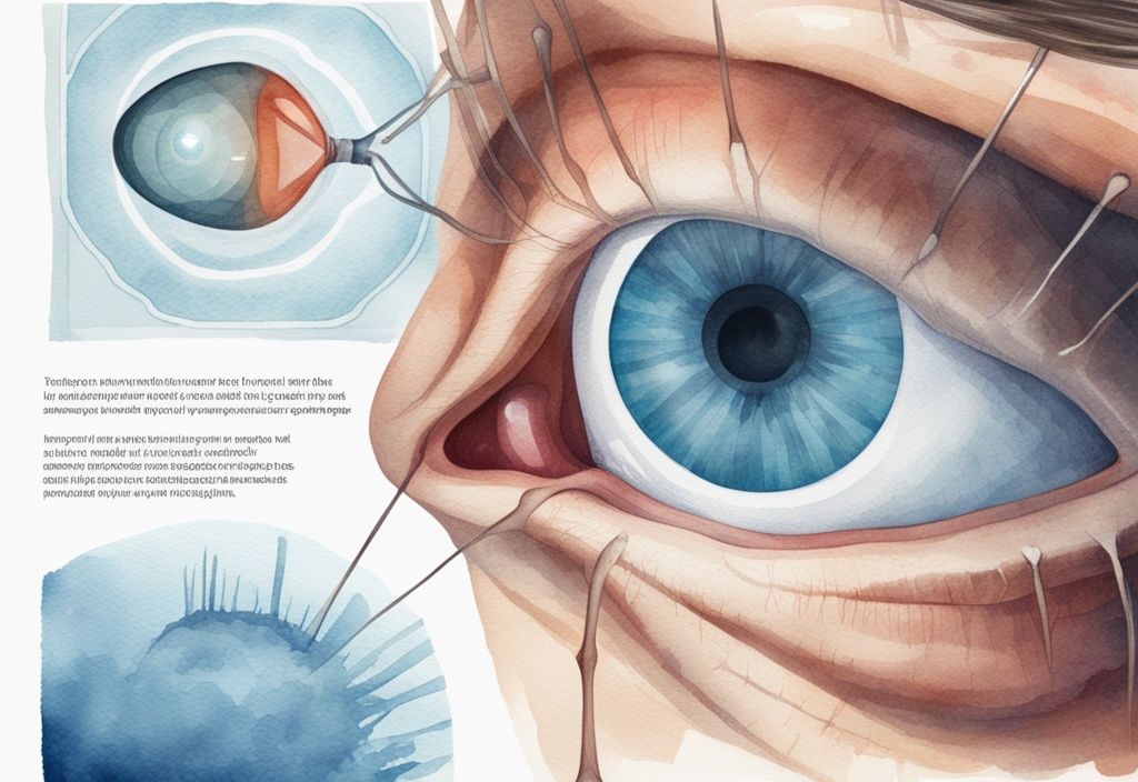 Moderne Aquarellillustration eines menschlichen Auges mit Schlaf im Augenwinkel und vergrößerter wissenschaftlicher Darstellung, wie entsteht Schlaf im Auge.