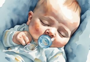 Moderne Aquarellillustration eines schlafenden Babys mit Schnuller im Mund, das sanft die Saugbewegung nachahmt, warum nuckeln Babys im Schlaf