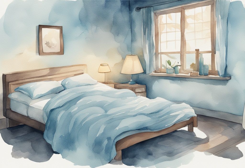 Moderne Aquarellillustration, Person mit weit geöffneten Augen und aufgerichteten Haaren im Bett, abrupt aus tiefem Schlaf erwacht, Hauptfarbthema hellblau