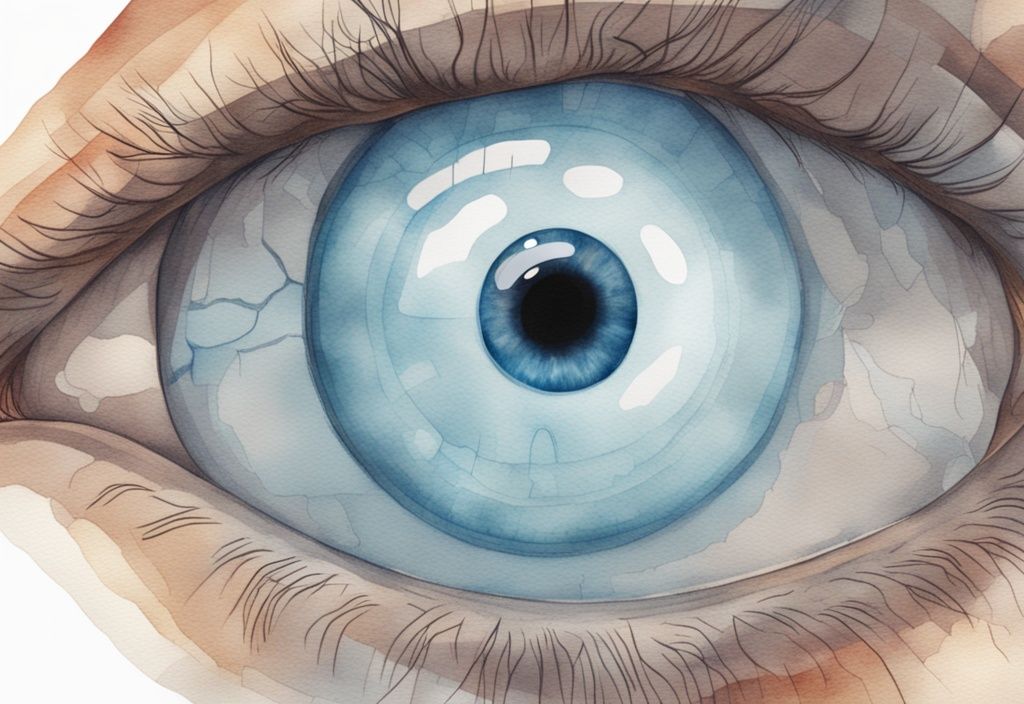 Moderne Aquarellillustration eines menschlichen Auges mit Schlaf im Augenwinkel und vergrößerte wissenschaftliche Darstellung, wie entsteht Schlaf im Auge.