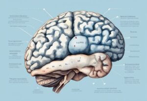 Moderne Aquarellillustration in hellblau mit detaillierter Darstellung des menschlichen Gehirns, bei der der Nucleus suprachiasmaticus hervorgehoben und beschriftet ist. Perfekt, um die Frage "was ist der Nucleus suprachiasmaticus" zu beantworten.