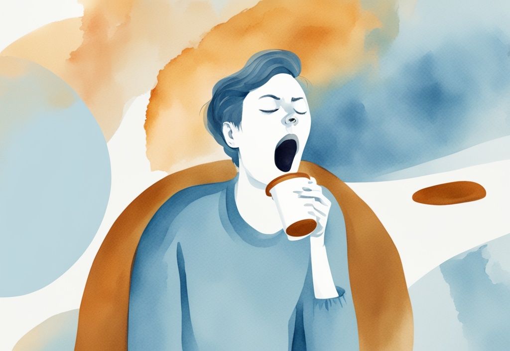 Moderne Aquarellillustration einer Person, die weit gähnt, mit sichtbaren Müdigkeitsanzeichen wie schlaffen Augen und einer Tasse Kaffee in der Nähe, warum gähnt man wenn man müde ist.