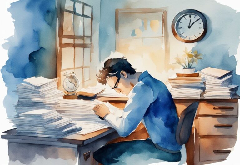 Moderne Aquarellillustration einer Person am Schreibtisch mit Papierstapeln, die gestresst wirkt, mit einer Uhr im Hintergrund, die späte Stunden zeigt; toxische Produktivität.