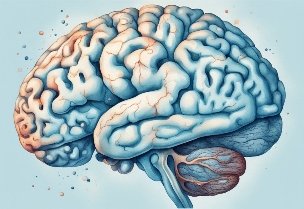 Moderne Aquarellillustration in Hellblau mit detaillierter Darstellung des menschlichen Gehirns, bei der der Nucleus suprachiasmaticus hervorgehoben und beschriftet ist; ideal für die Frage "was ist der Nucleus suprachiasmaticus".