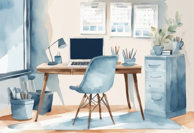 Moderne Aquarellillustration eines gut organisierten Homeoffice mit einem sauberen Schreibtisch, Laptop, bequemen Stuhl, Kaffeetasse und Wandkalender, die Homeoffice Produktivität symbolisieren.