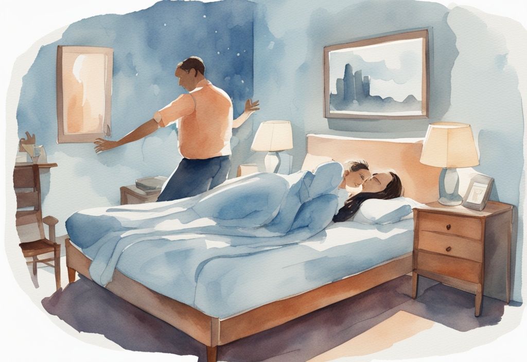 Moderne Aquarellillustration eines Paares im Schlafzimmer, Frau schläft friedlich, Mann kann nicht schlafen, Hauptfarbe Hellblau.