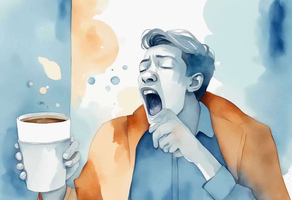 Moderne Aquarellillustration einer müden Person mit weit geöffnetem Gähnen, sichtbaren Müdigkeitsanzeichen wie schlaffen Augen und einer Kaffeetasse daneben, warum gähnt man wenn man müde ist.