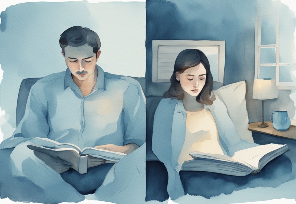 Moderne Aquarellillustration in Hellblau: Mann und Frau in geteiltem Bildschirm, beide müde, Frau schläft friedlich, Mann versucht wach zu bleiben beim Lesen – wer braucht mehr Schlaf Männer oder Frauen.