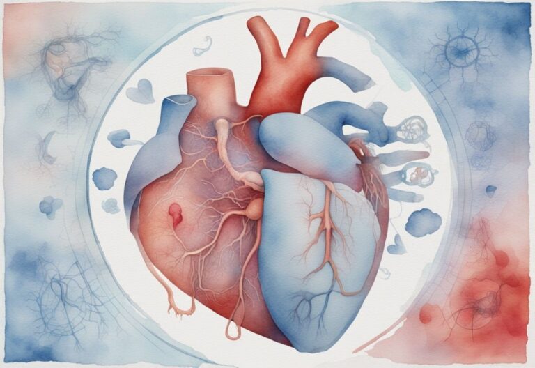 Moderne Aquarellillustration in hellblau: Person schläft auf der linken Seite, halbtransparente Ansicht von Herz und Kreislaufsystem mit subtilen Warnsymbolen, warum sollte man nicht auf der Herzseite schlafen.