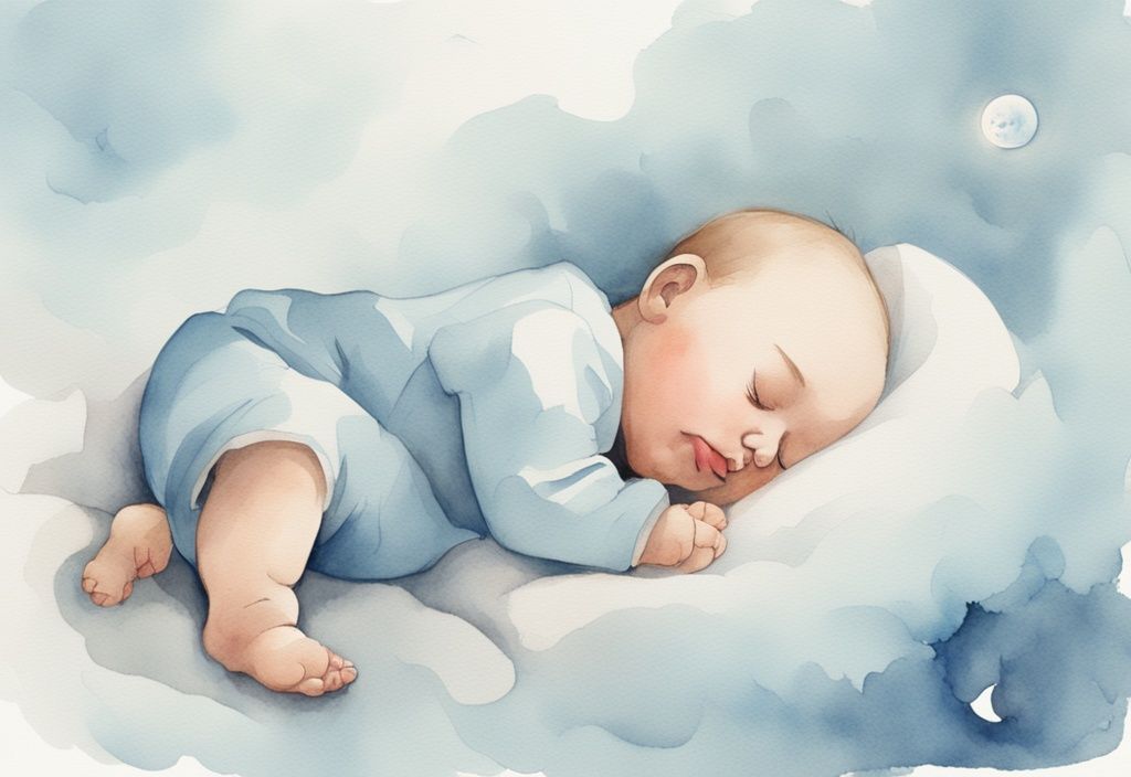 Aquarellillustration eines friedlich schlafenden Babys in der REM-Schlafphase, Hauptfarbthema hellblau.