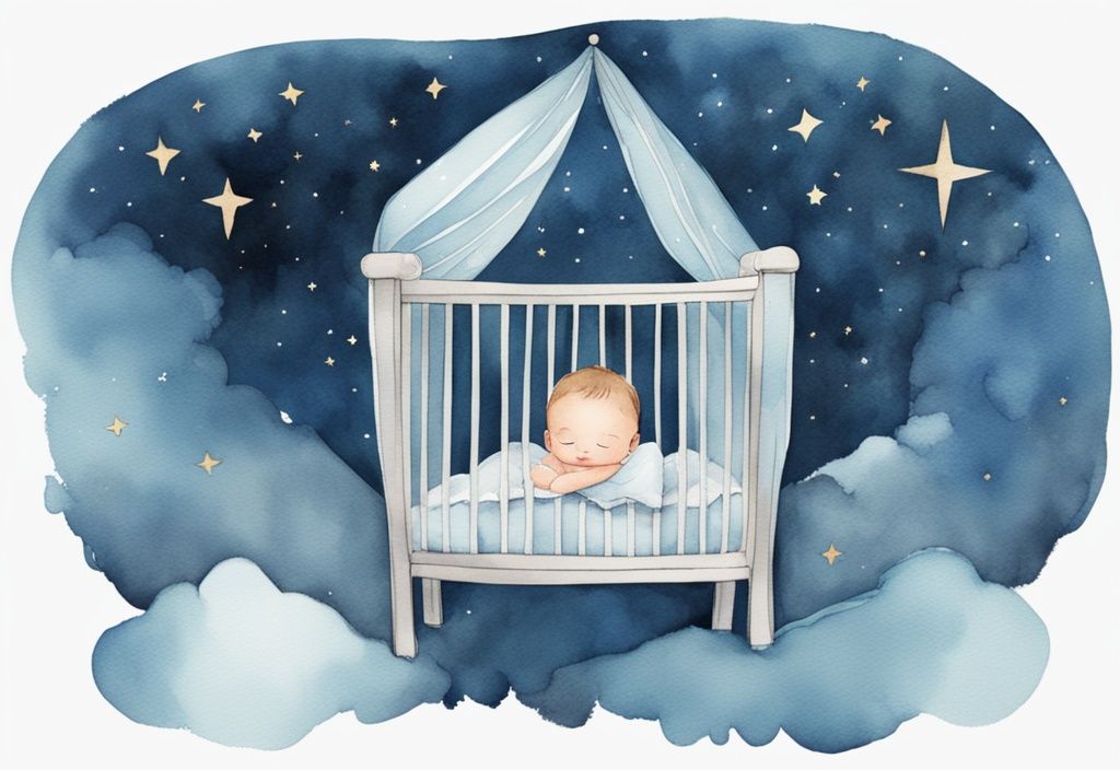 Aquarellillustration eines schlafenden Babys mit sanftem Lächeln in einem gemütlichen Bettchen unter einem sternenklaren Nachthimmel, thematisiert warum lachen Babys im Schlaf, in hellblauen Farbtönen.