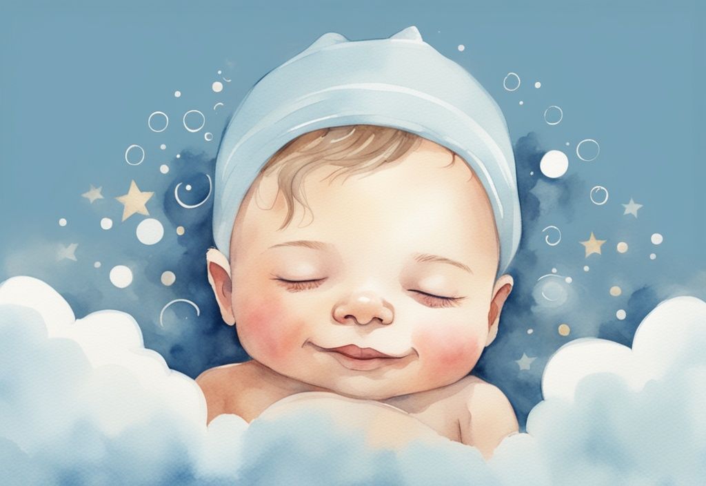 Aquarell-Illustration eines friedlich schlafenden Babys in hellblau, umgeben von Wolken und kleinen Lachblasen.