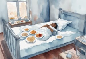 Moderne Aquarellillustration einer Person mit Bauchschmerzen im Bett, umgeben von leeren Tellern und Essensverpackungen, was passiert wenn man vor dem Schlafen isst.