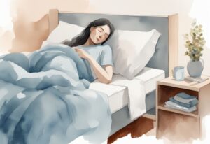 Moderne Aquarellillustration in Hellblau: Eine Person ruht sich gemütlich im Bett aus, mit einer Taschentuchbox, einem Luftbefeuchter und einem warmen Getränk auf dem Nachttisch, Tipps wie schlafen bei Erkältung.