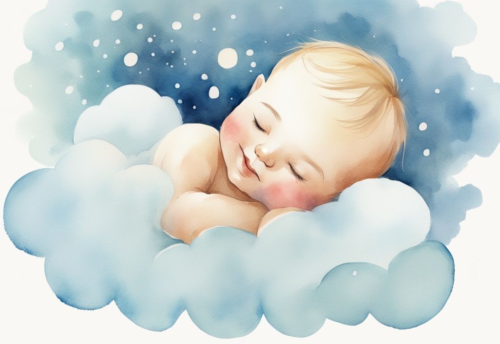 Moderner Aquarell-Illustration eines friedlich schlafenden Babys mit einem leichten Lächeln, umgeben von traumhaften Wolken und kleinen Lachblasen in hellblauer Farbtönen.