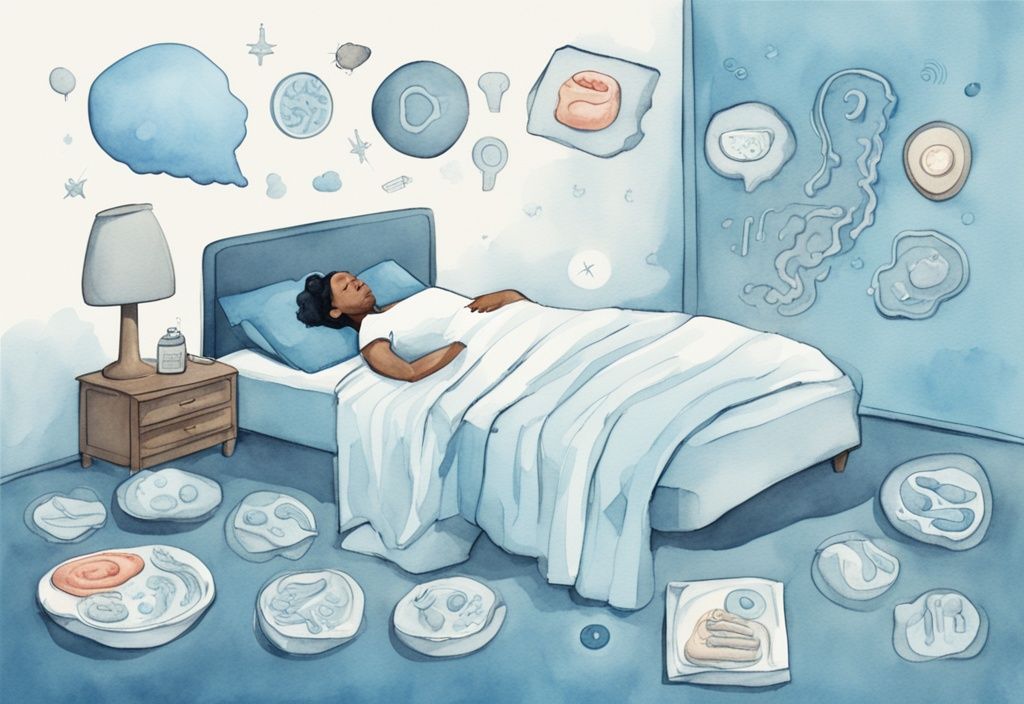 Moderne Aquarellillustration in Hellblau: Eine Person liegt im Bett mit einer Gedankenblase, die Symbole des Verdauungssystems zeigt, die den Verdauungsprozess im Schlaf darstellen.