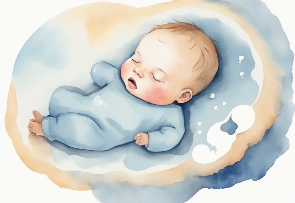 Moderne Aquarellillustration eines friedlich schlafenden Babys in hellblauem Farbschema mit einem Gedankenblasen voller Fragezeichen, die das Rätsel warum zucken Babys im Schlaf darstellen.