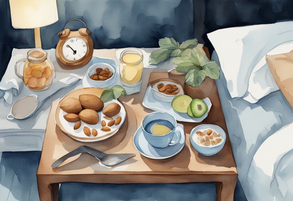 Moderne Aquarellillustration in Hellblau zeigt gesunde Lebensmittel wie Mandeln, Kiwi und Kamillentee auf einem Nachttisch neben einem Bett in einem schwach beleuchteten Raum – Tipps, was vor dem Schlafen essen.