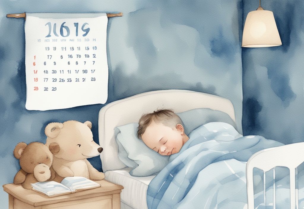 Aquarellillustration eines Kleinkinds, das friedlich unter einer weichen Decke schläft, mit einem Kalender an der Wand, der einen bestimmten Altersmeilenstein anzeigt, in hellblauer Farbgebung.