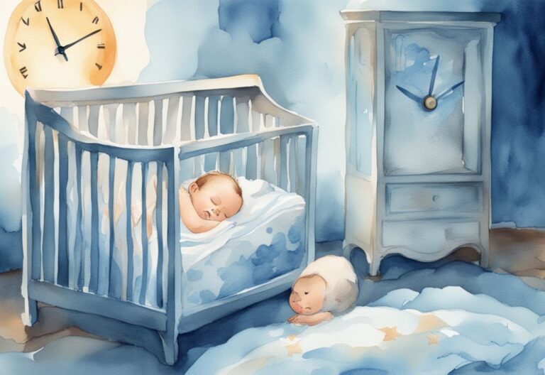 Moderne Aquarellillustration in Hellblau: Ein Baby schläft friedlich im Kinderbett, während ein sanftes Leuchten eine Uhr mit verschiedenen Zeiten für die Schlaf und Wachphasen Baby beleuchtet.