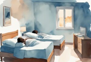 Moderne Aquarellillustration in hellblau: Eine Person liegt wach im Bett und starrt an die Decke, während eine andere Person friedlich neben ihr schläft. Warum kann ich nicht schlafen wenn jemand neben mir liegt?