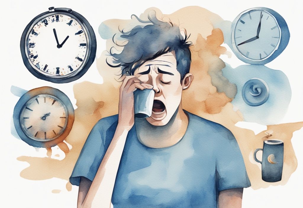 Moderne Aquarellillustration einer müden Person in Hellblau mit 4 Warnsignale mit denen Ihr Körper um mehr Schlaf bettelt: Gähnen, Augenringe, Kaffeetasse und Uhr mit später Stunde.