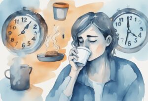 Moderne Aquarellillustration einer müden Person mit den 4 Warnsignalen, mit denen Ihr Körper um mehr Schlaf bettelt: Gähnen, dunkle Augenringe, Kaffeetasse und Uhr mit späten Stunden, in hellblauem Farbschema.